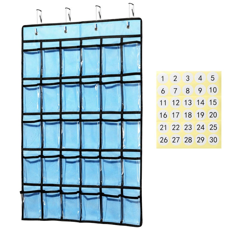KEEPJOY Classroom Pocket Chart for Cellphone Calculator Holder  30 Clear Pocket Charts for Classroom 33.5 x 24.5 inch Hanging cell phone Organizer Storage (Blue-30 pockets) - Image 1